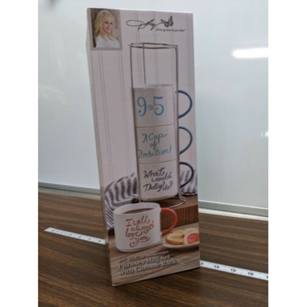 Dolly Parton 4 Piece Phrases Stoneware Mug Set with Chrome Rack Brand New 9 to 5